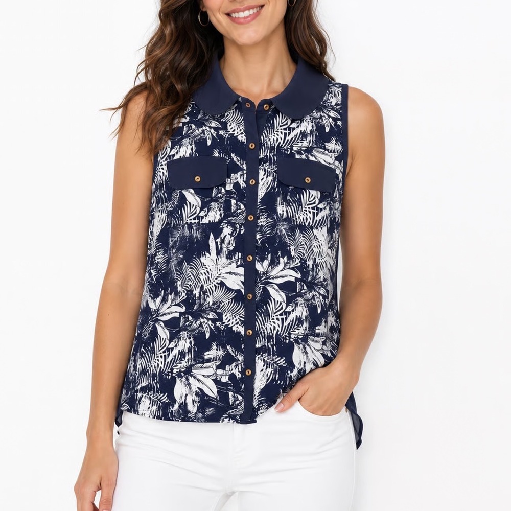 Nuon Womens Navy Tropical Leaf Print Sleeveless Peter Pan Collar Blouse Size M